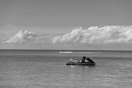 summer vacation jetski at seascape, copy space. summer vacation jetski at seaside. photo of summer vacation jetski on the beach. summer vacation jetski.の写真素材