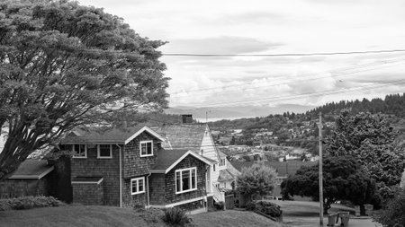 suburban cottage house at village landscape. suburban cottage house in neighborhood. suburban cottage house property. photo of suburban cottage house.の写真素材