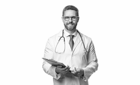 glad internist with prescription isolated on white. internist with prescription in studio. internist with prescription on background. photo of internist with prescription.の写真素材