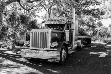 trucking with semitruck vehicle. semi truck in america. freightliner trailer transportation. rig...