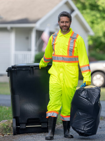 Picking up garbage plastic for cleaning. Keeping garbage plastic into bag for trash. Pollution and recycling. Man put garbage bag in a trash bin. Environmental protection. Volunteer collecting trash.の写真素材