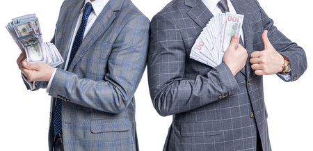 investment growth. businessmen investor with money invest isolated on white. businessmen invest money in business. successful business men investor. banking investment. thumb up.の写真素材