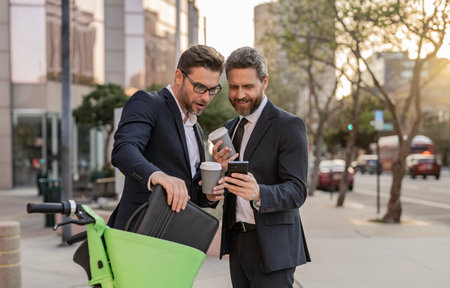 Businessmen in suit with phone. Online working. Businessmen checking business chat. Business men...