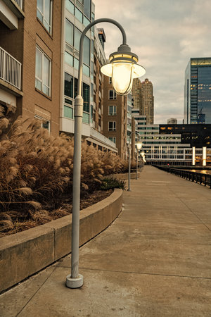 City downtown. Path way in the street with urban architecture. Urban street promenade in city with...