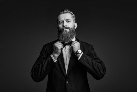 Gentleman in tuxedo bowtie has luxury watch. Expensive time wrist watch. Man in tuxedo bowtie and watch. Elegant watch accessory. Time. Elegant gentleman isolated on grey. Man accessoryの写真素材