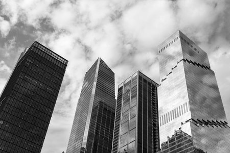 Modern city perspective. Skyscraper in metropolis city. City downtown with skyscraper in perspective. Perspective view. Skyscraper building architecture. Skyscraper construction techniqueの写真素材