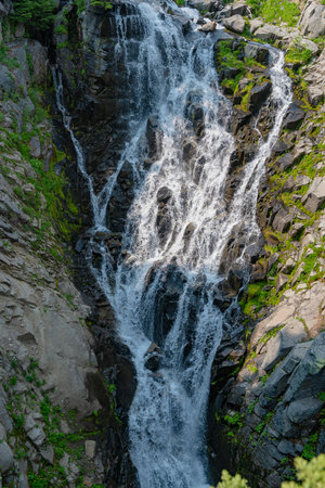 Waterfall landscape. Nature wildness travel. Waterfall travel destination. Travel destination. Myrtle falls waterfall route. Mount Rainier national park mountain nature landscapeの写真素材