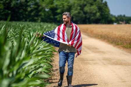 American flag and man farmer, harvest. Flag of USA. Independence day. Man in field. Patriotic man with American flag in field. Independence day of America. 4th of July. Fertile landの写真素材