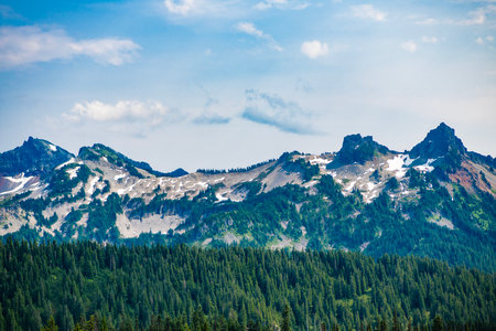 Scenery landscape of mountain. Scenery coniferous forest. Pine tree and mountain forest landscape. Mountain landscape. Forest nature mount. Nature in mountain countryside. Breathtaking wildernessの写真素材