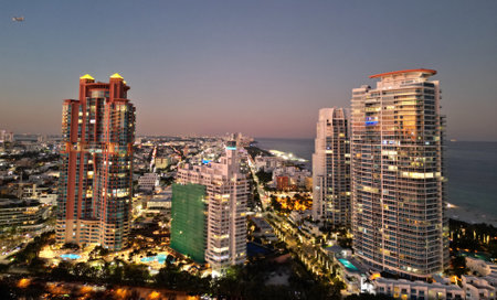 Miami South beach night light. Aerial skyscraper cityscape at night. Night city aerial view. Luxury skyscraper in Miami, Florida. City skyline in evening. Aerial cityscape. Illuminated architectureの写真素材