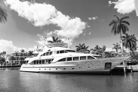 Destination point. Harbor with yacht at seaside summer destination. Seaside summer destination with boat and palm in harbor. Seaside harbor perfect destination for summer. Boat tripの写真素材