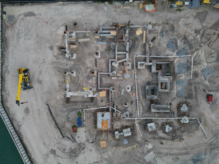 Construction site top view. Structural design engineering. Structure engineering at building site....