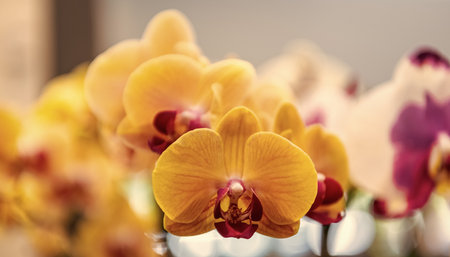 Flora and nature closeup. Yellow orchid flower. Floral nature. Orchid flower bright color. Flowering nature. Orchid flower yellow color. Floral macro photography. Floral fragranceの写真素材