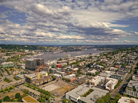 American modern Seattle district. Architecture of metropolis city cityscape. Aerial view of Seattle landscape. Space needle aerial landscape view. Panorama aerial Seattle cityscape. Washington, USAの写真素材