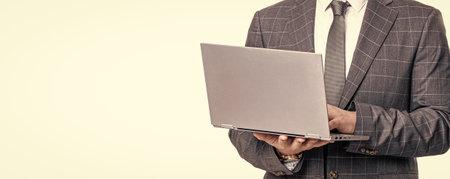 Man has online blog. Businessman in suit with laptop in office. Remote online working. Business blog...
