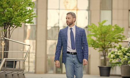 Success of entrepreneur. Office manager man. Businessman walking in city. Businessman in suit. Mature businessman outdoor. Business boss man. Wall street success. Successful businessの写真素材