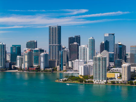 Miami skyscraper cityscape. Miami city skyline view of Brickell key. Miami downtown. Skyscraper building. Cityscape building downtown. Travel destination. City architecture. Miami luxury skylineの写真素材
