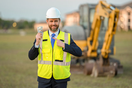 Profit income of investor man. Investor count money at site. Businessman invest money in...