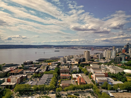 Aerial view of Seattle landscape. Space needle aerial landscape view. Panorama aerial Seattle cityscape. American modern Seattle district. Architecture of metropolis city cityscape. Elliott Bayの写真素材