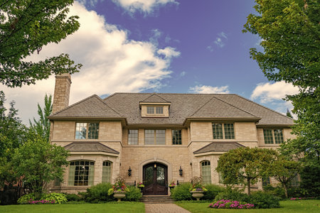 Suburban house architecture. Private family house. Neighborhood architecture. Property in...