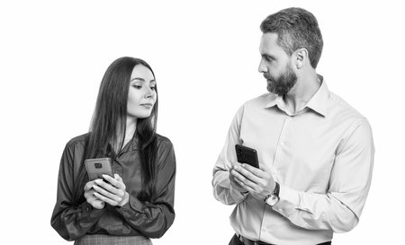online business. business man and woman in suit use phone. texting businessman chatting. businessman...