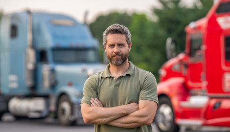 Transportation vehicles. Semi trucks vehicle. Hispanic man trucker. Handsome man driver in front of truck. Truck driver. Man trucker driver near lorry truck.の写真素材