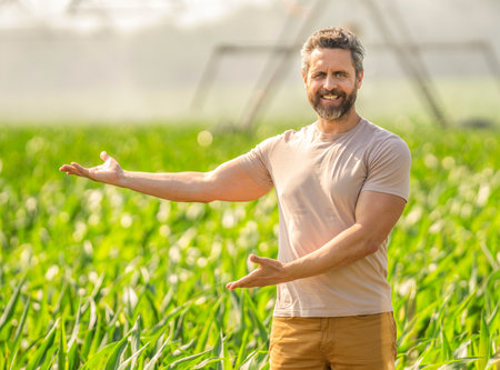Water sprinkler irrigating crop. Drip irrigation system. Crop irrigation. Agriculture and farming. Man irrigation system watering agricultural field. Sprinkler irrigation. Farmer man presentingの写真素材