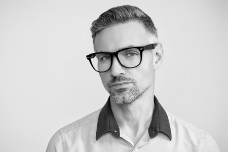 Business man look in glasses. Businessman represent leadership. Business vision and success. Vision of success. Successful leadership of businessman in glasses. Company aspirationsの写真素材