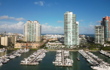 Miami south beach aerial view on luxury yacht marina with docked boat at seaの写真素材