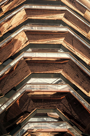 Modern architecture building spiral staircase. Hudson Yards in New York. The spiral staircase in Manhattan. Modern Art staircase in Manhattan. Building in Hudson Yards in New York City. Innovative designの写真素材