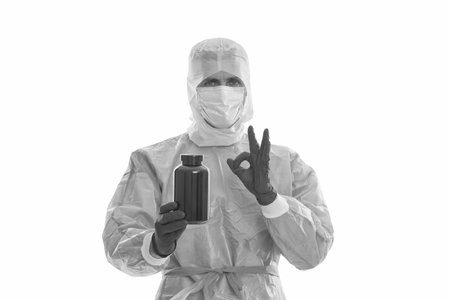 Multivitamin and vitamin. Offer medication. Medication to relieve pain. Medicine man hold medication. Doctor with pill or vitamin. Medicine and health. Medical doctor man isolated on white. Okの写真素材
