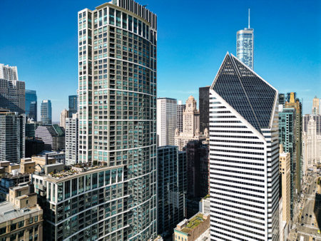 Cityscape with business city district. Chicago cityscape skyline architecture. Skyscraper business area. Chicago cityscape. Chicago downtown city skyline. Modern business city architectureの写真素材