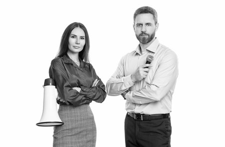 businesspeople with loudspeaker announce business. new business announcement. boss and manager isolated on white. businesspeople announce a problem. attention please. Promotional marketingの写真素材