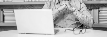 Teacher of business school. Millennial teacher with laptop. online education lesson. elearning with...