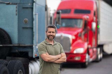Hispanic man in front of truck. Semi trucks vehicle. Man owner truck driver. Transportation industry. Man driver lorry truck. Truck driver. Trucking owner. Transportation vehicles. Lorry drivers CDLの写真素材