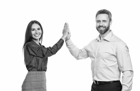 businesspeople dealing isolated on white. partnership concept. business deal. two businesspeople give high five after contract deal. successful agreement in business deal. successful dealingの写真素材