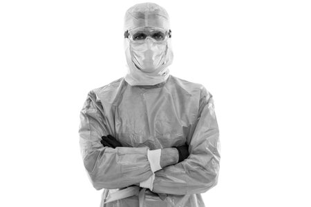 Surgeon man in protective medical suit. Medicine and health. Medical doctor man isolated on white....