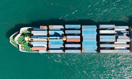 Cargo ship with container, aerial top view. Freight container on cargo vessel. Cargo ship vessel...