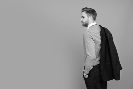 Successful and professional businessman. Business boss portrait of business man. Successful business. Success of entrepreneur. Office manager. Businessman in suit isolated on grey. Copy space bannerの写真素材