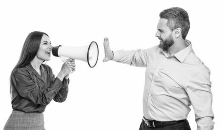 business boss has conflict with partner about promotion. solving conflict. business conflict. businesswoman shouting on employee in loudspeaker isolated on white. conflict resolution processの写真素材