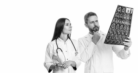 doctor give quality healthcare. healthcare and medicine. healthcare with doctor on diagnostic examination in medical clinic. Doctor and Radiologist Discuss Diagnosis with mri scan. bannerの写真素材