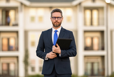 Real estate agent at house for sale. Realtor in suit. Rent or buy new home. Home insure. Property insurance promotion. Successful broker. Mortgage insurer. American sales managerの写真素材