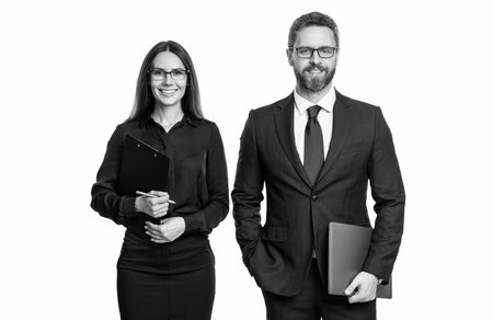 business coworkers isolated on white. two businesspeople in formal suit. ambitious businesspeople support. professional business leader with manager. successful businesspeople. take care of businessの写真素材