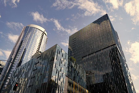 Modern city perspective. Skyscraper in metropolis city. City downtown with skyscraper in...