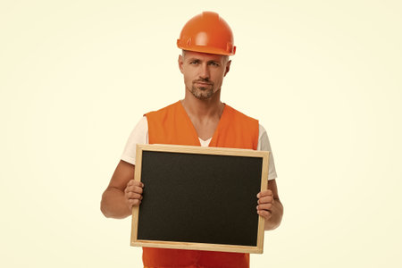 Man worker offer advertisement. Labor offer. Worker advertising. Man worker with copy space....