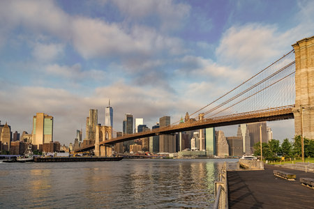 Architecture of historic bridge in Brooklyn. Way to Manhattan. Brooklyn bridge in New York. Manhattan cityscape. Amazing scenery of Brooklyn bridge over skyscraper in New York. NY cityの写真素材
