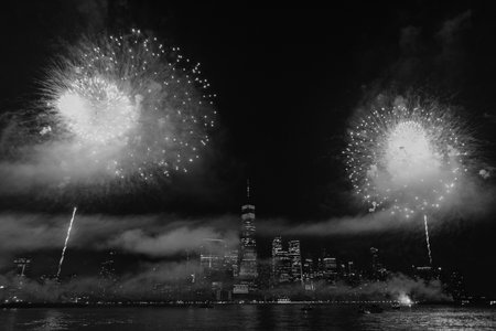 New York Manhattan fireworks. New York Fireworks over Manhattan. New York City 4th of July Fireworks. New York City Skyline Manhattan with Flashing Fireworks. Independence day.の写真素材