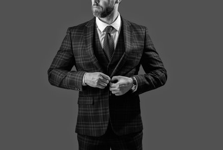 Man in formalwear, cropped view. Businessman in elegant suit. Formal suit jacket with tie isolated on grey. Businessman man in business jacket. Business suit. Formal menswear concept. Formal Suitの写真素材