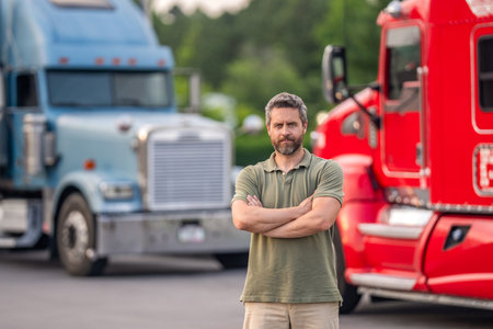 Trucking owner. Truck driver. Man trucker driver near lorry truck. Transportation vehicles. Semi...