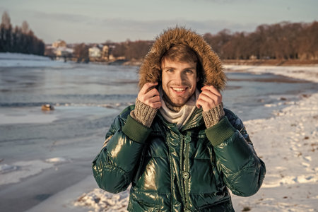 positive stylish man wear winter fashion outdoor. fashion man at winter holidays. man in winter